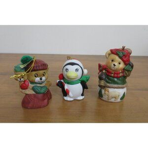 3 Pc Lot Jasco J.S.N.Y. Bears Penguin Bell 3 Size Figurine Ornament Xmas Holiday